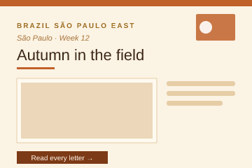 Fall: parchment page, burnt-orange top rule, serif headline, framed photo